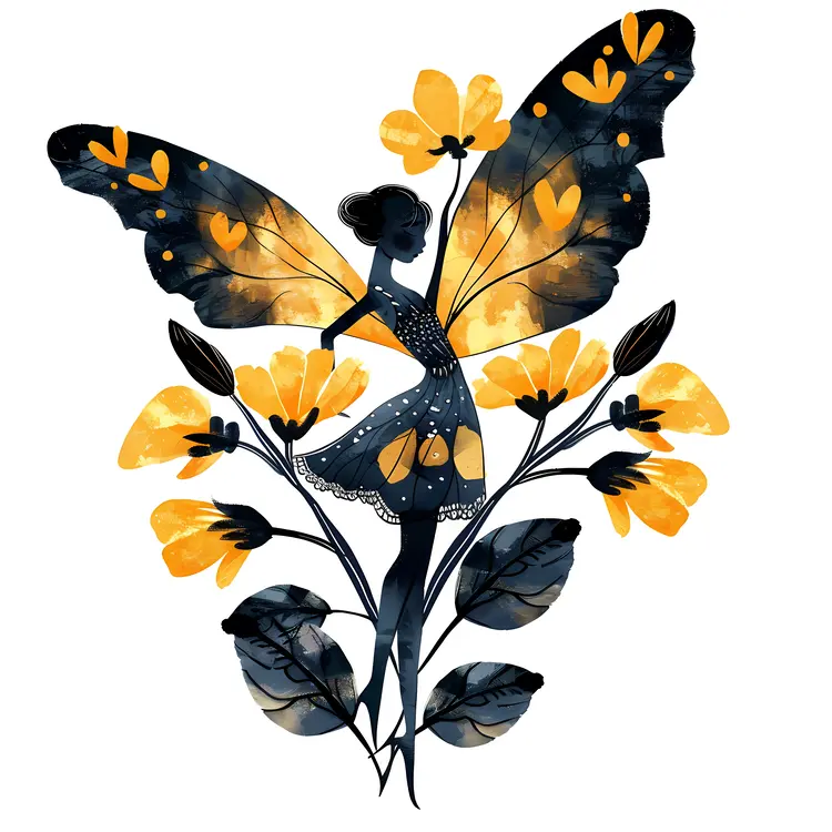 Fairy Silhouette with Flower and Wings