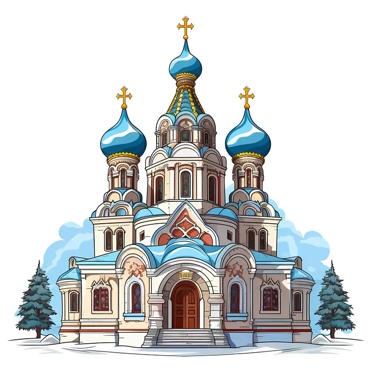 Snowy Church with Blue Domes