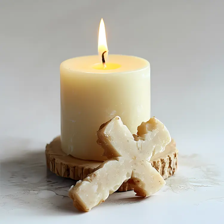 Candle and Cross on Wooden Base