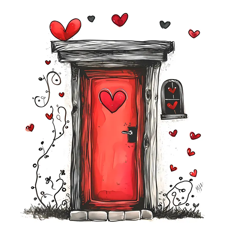 Red Door with Heart and Sketchy Vines