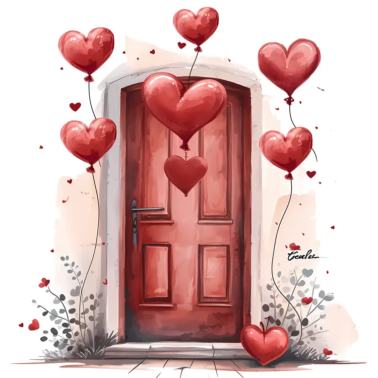 Red Door with Heart Balloons for Valentine's Day