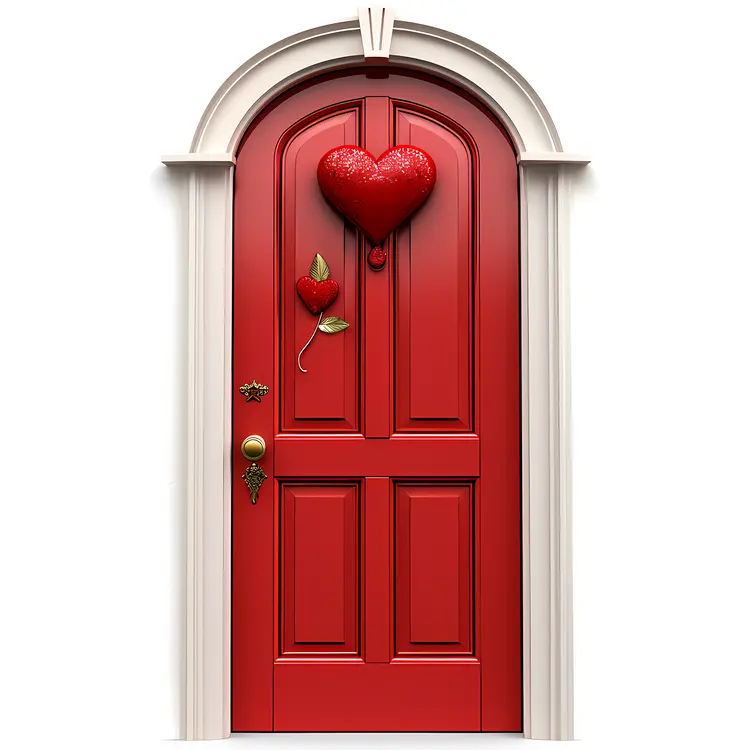 Red Wooden Door with Heart and Rose Design