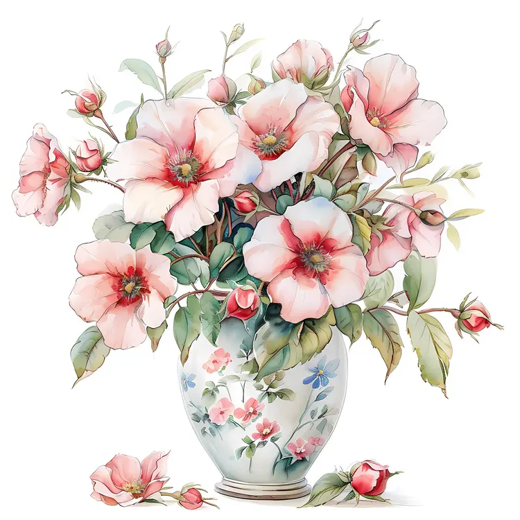 Vase of Pink Flowers with Floral Design