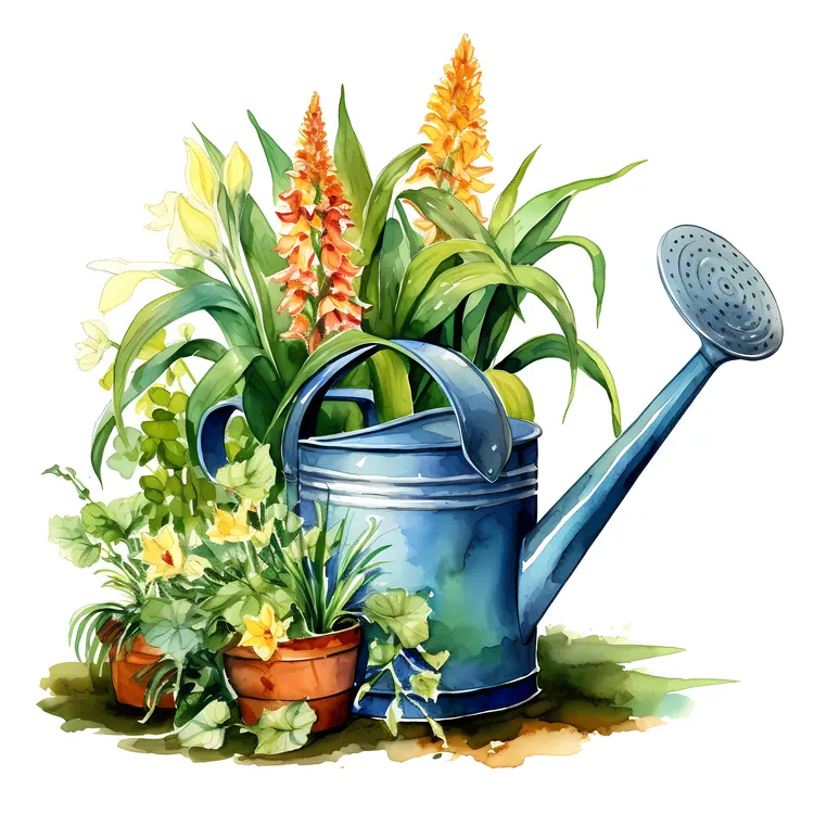 Watering Can with Flowers and Potted Plants