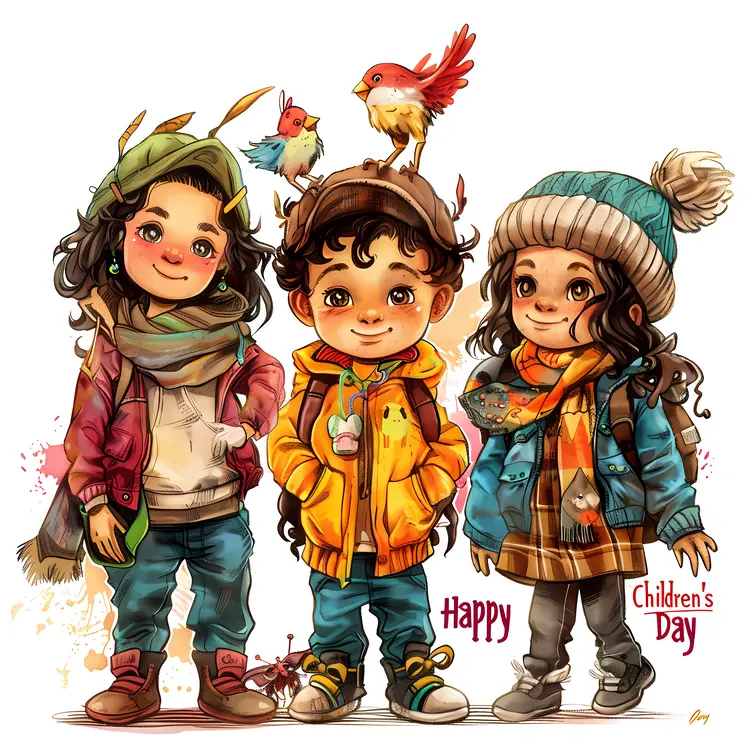 Happy Children's Day with Playful Kids and Birds