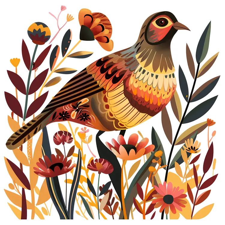 Colorful Bird Among Flowers and Leaves