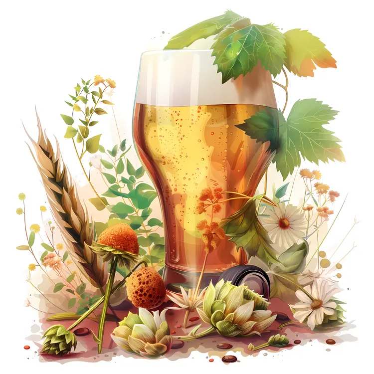 Beer Glass with Hops and Foam