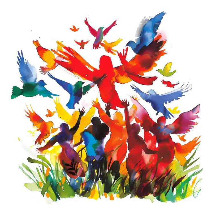 Joyful People and Birds in Watercolor