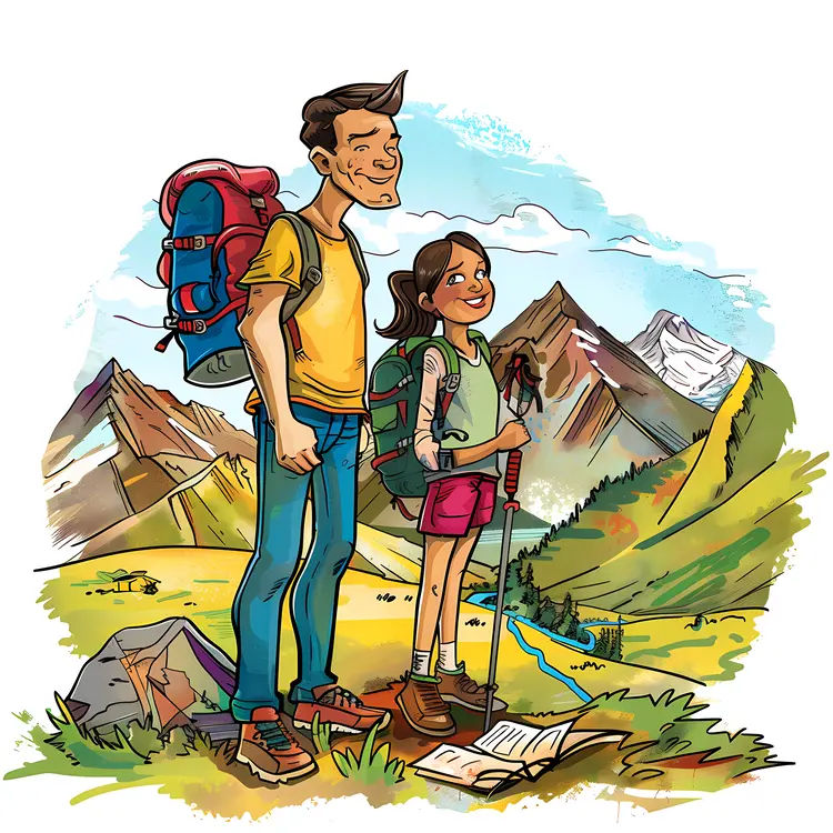 Hikers in Mountain Landscape in Cartoon Style