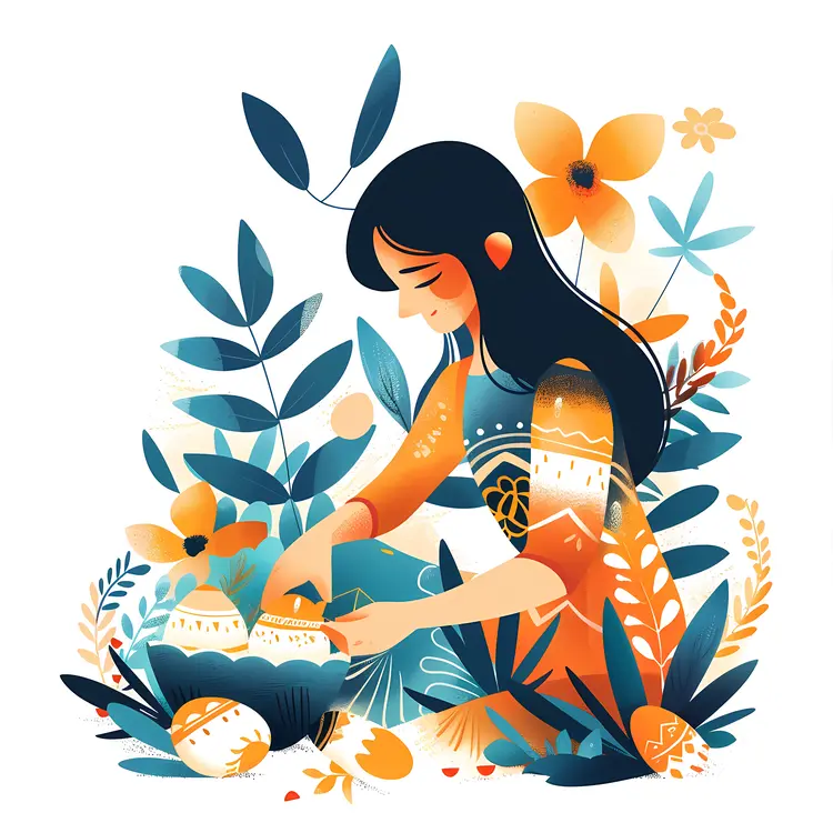 Woman Preparing Decorated Eggs for Easter