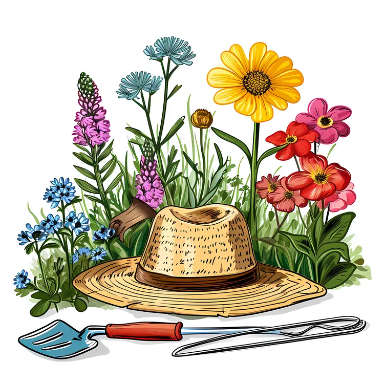 Gardening Tools and Colorful Flowers with Straw Hat