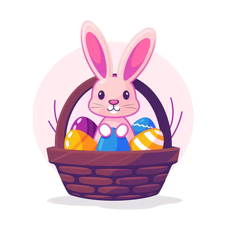 Pink Easter Bunny in Basket with Eggs