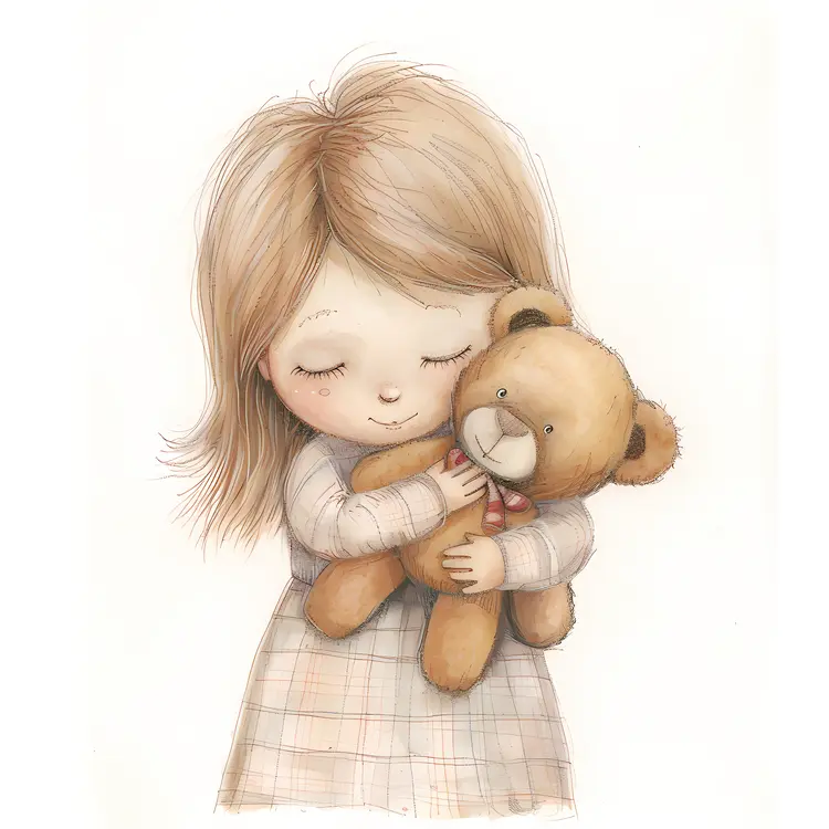 Illustration of a Child Hugging a Teddy Bear