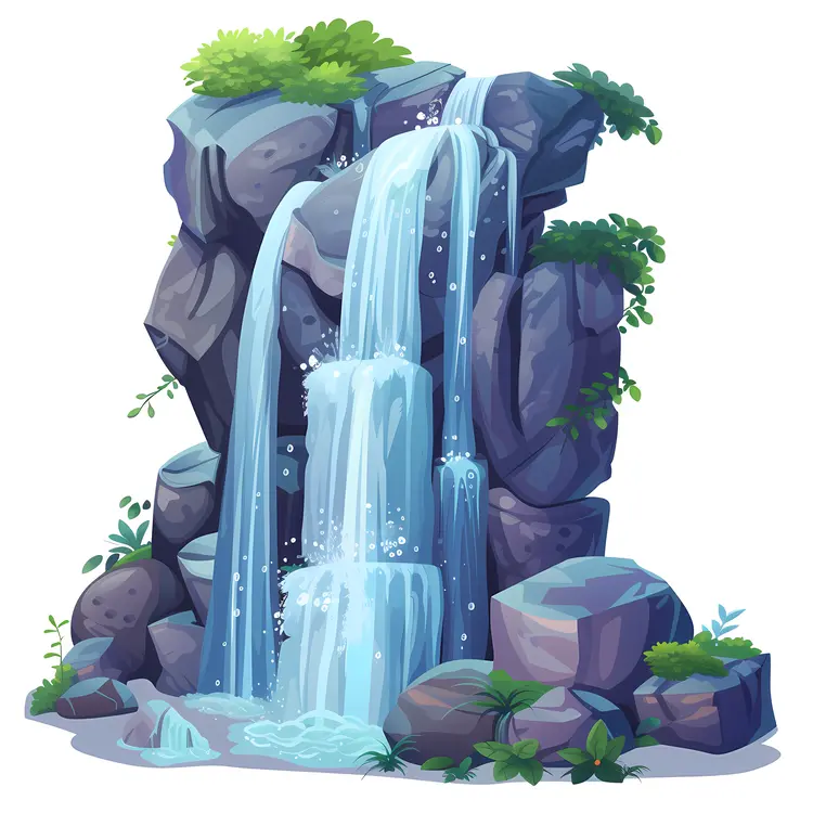 Cartoon Waterfall with Rocks and Plants