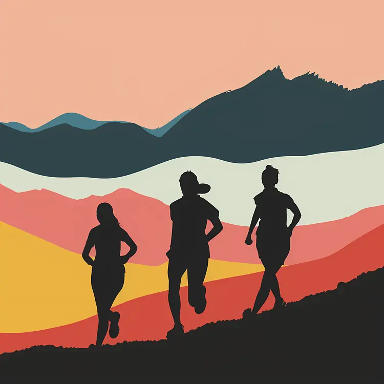 Silhouettes of Runners in Scenic Landscape