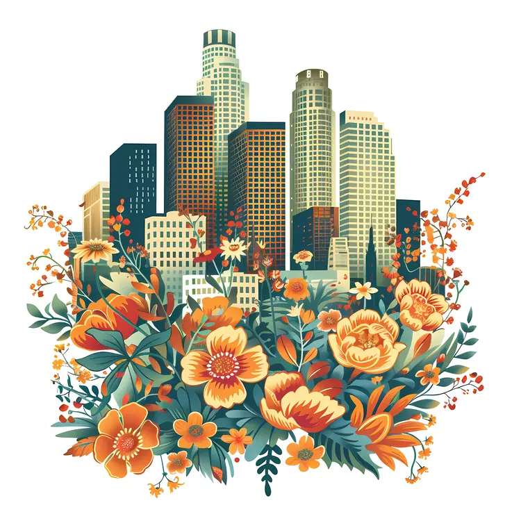 Floral Cityscape with Skyscrapers and Flowers