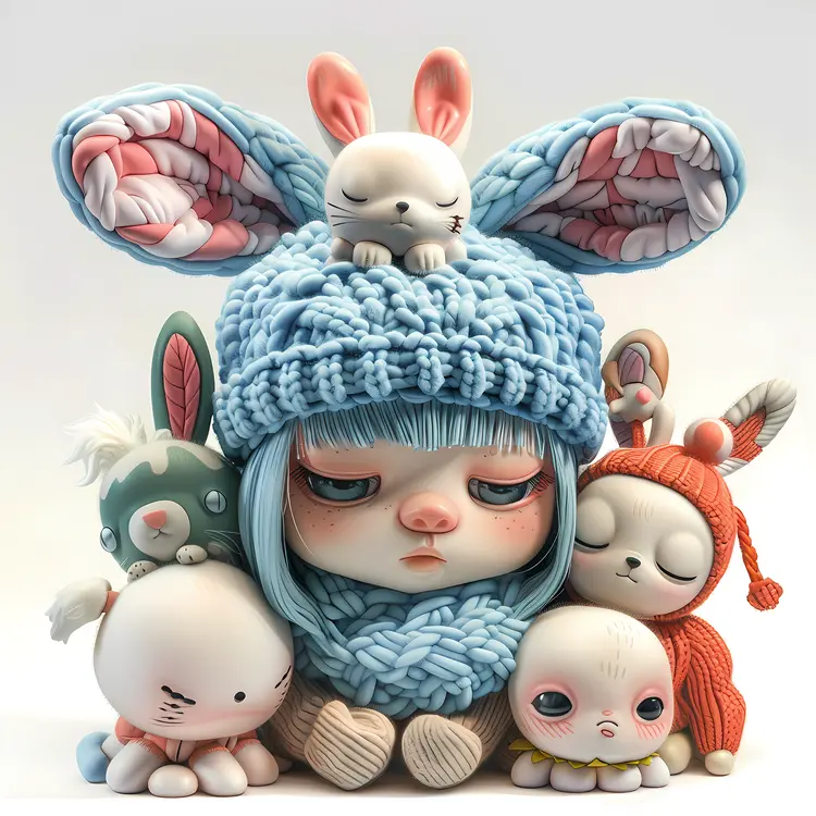 Cute Doll with Bunny Ears and Knit Hat
