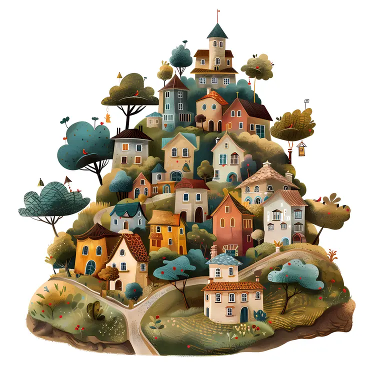 Colorful Doodle Houses on Hill