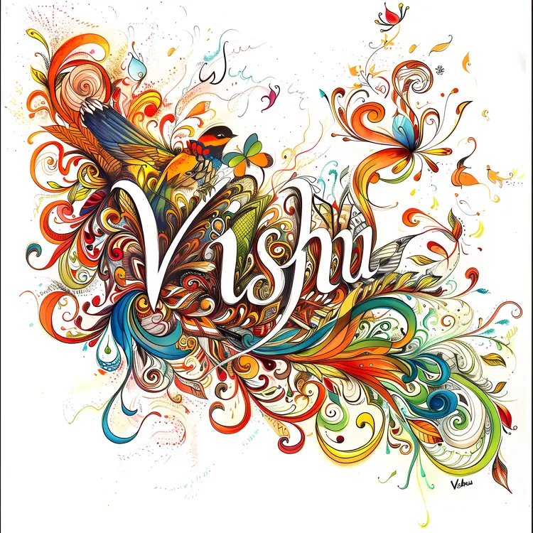 Colorful Vishu Text with Floral Design