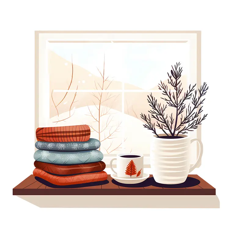 Warm Sweaters and White Mug by the Window