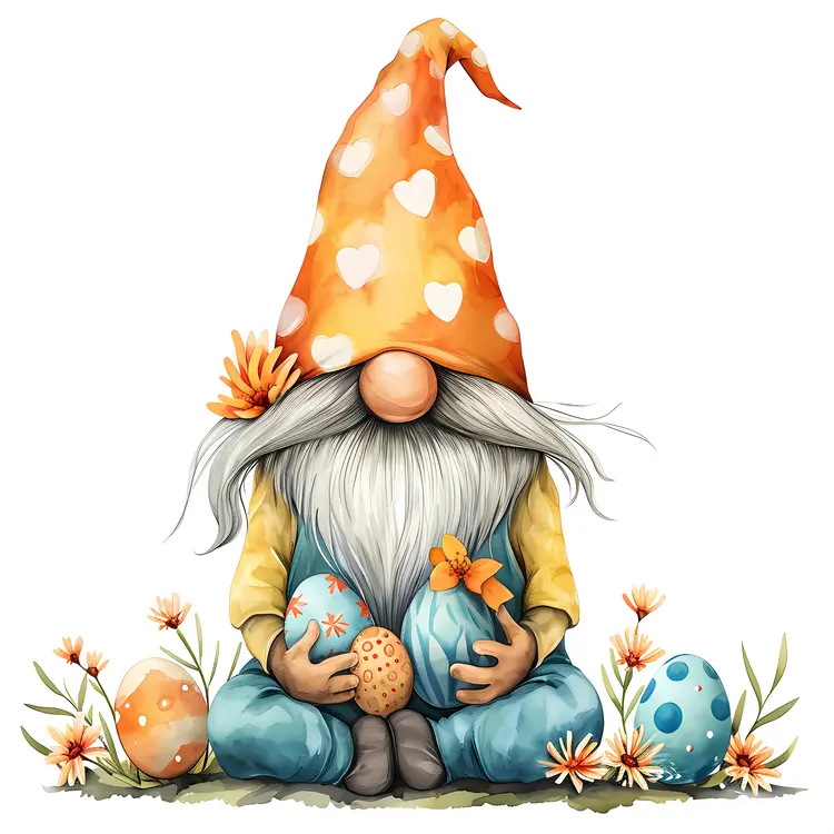 Gnome Holding Easter Eggs with Flowers