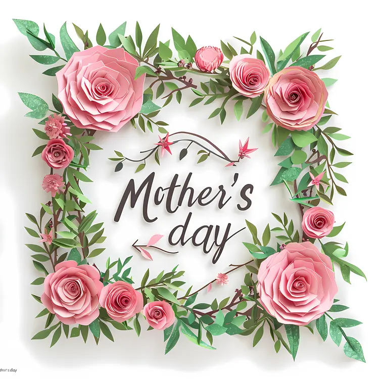 Mother's Day Card with Pink Roses and Green Leaves