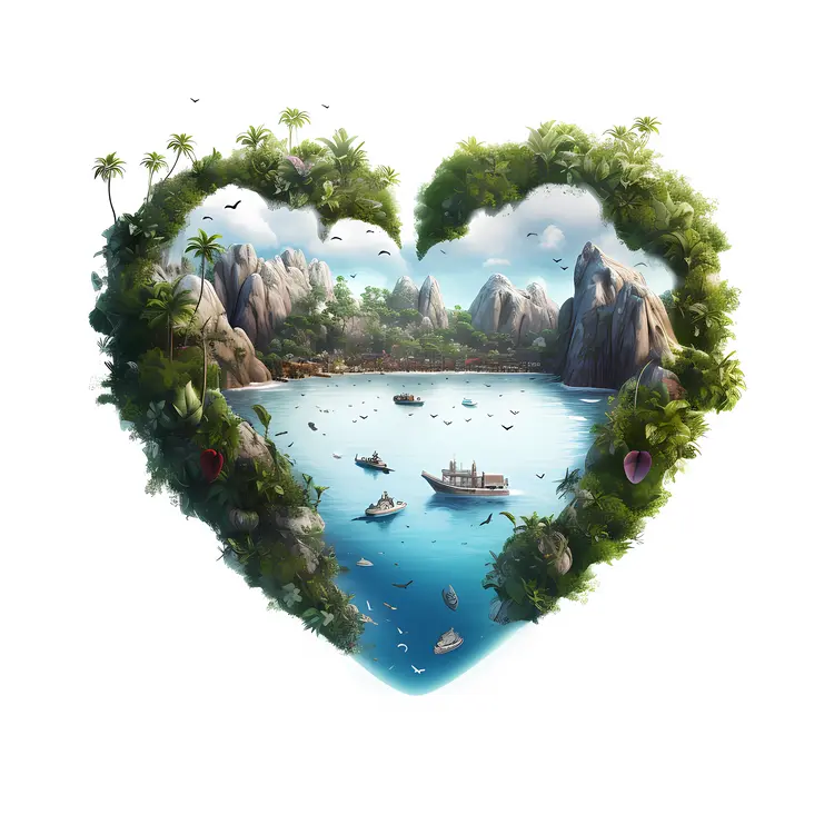 Heart-shaped Island with Boats and Beach