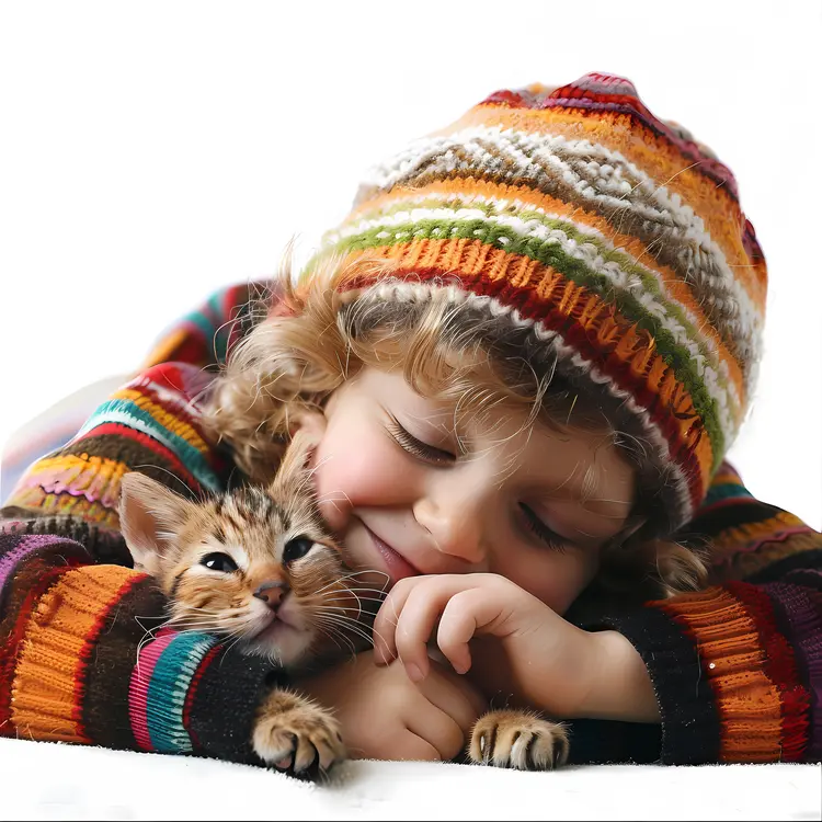 Child Hugging Kitten in Cozy Sweater
