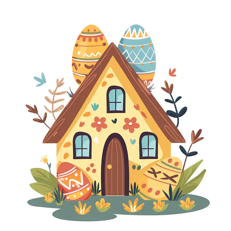 Decorative Yellow House with Easter Eggs and Flowers