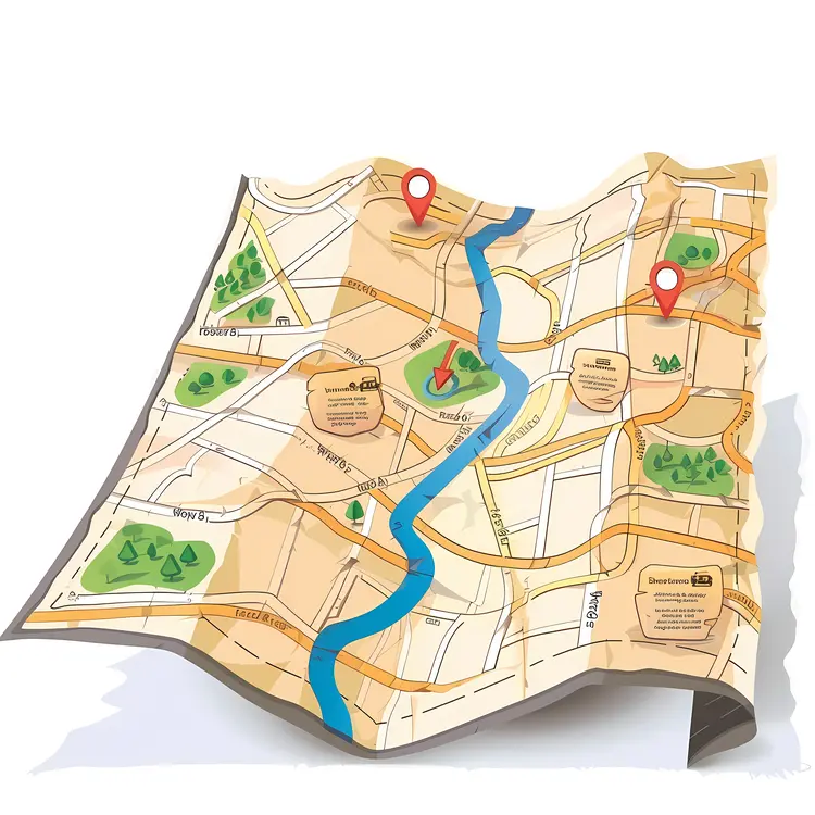 City Map with River and Location Pins