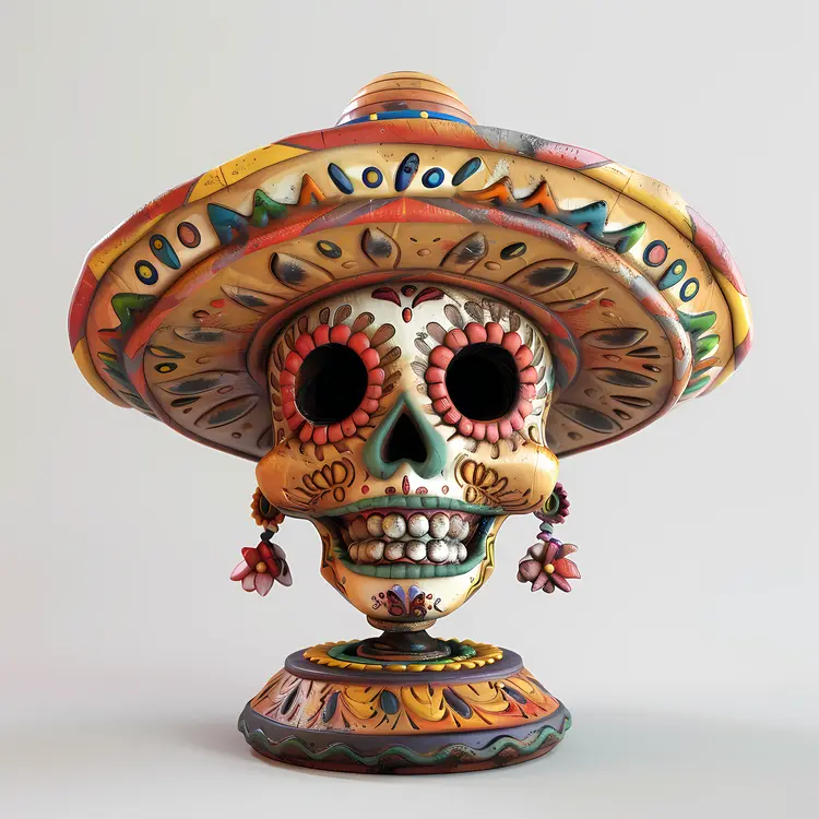 Colorful Skull with Sombrero and Flowers