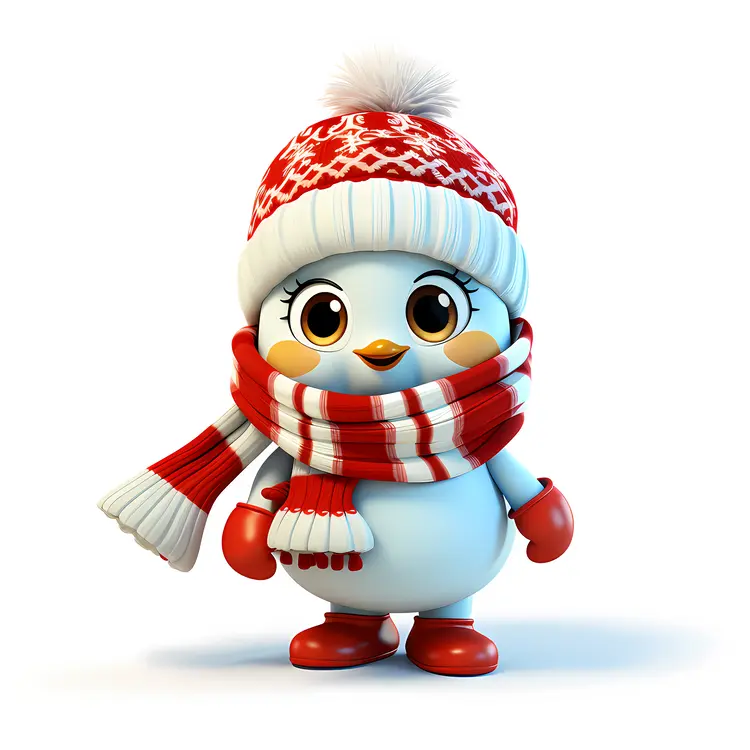 Adorable Bird with Red Scarf and Hat