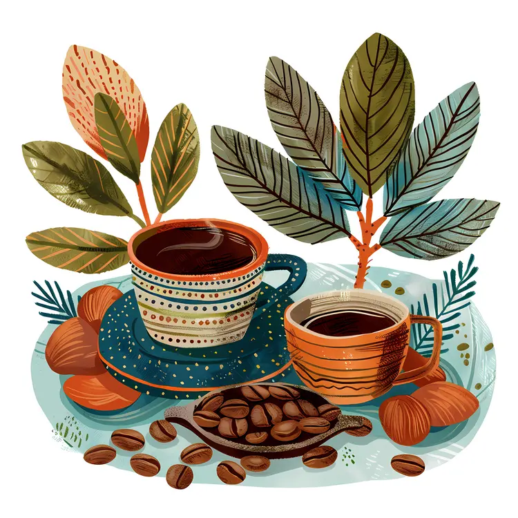 Coffee Cups with Coffee Beans and Leaves