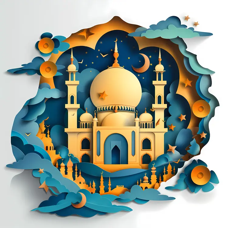 Golden Mosque with Crescent Moon and Stars