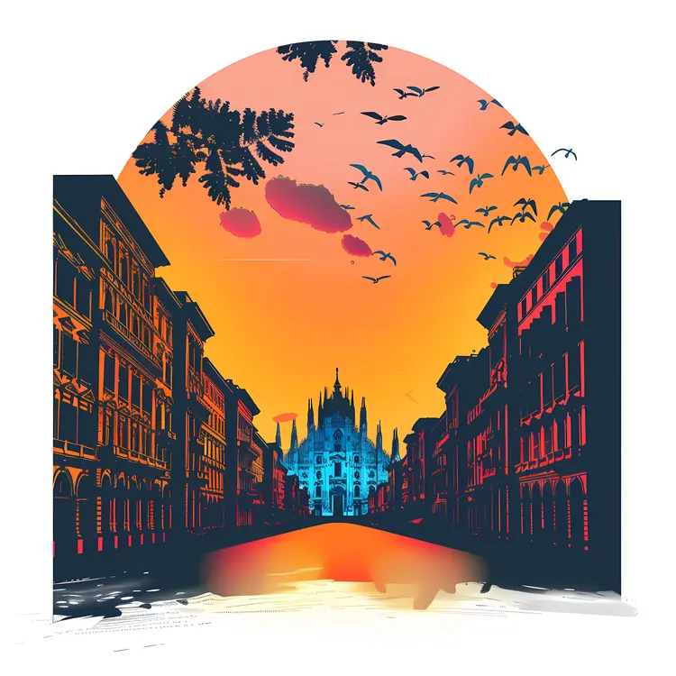 Gothic Cathedral at Dusk with Birds