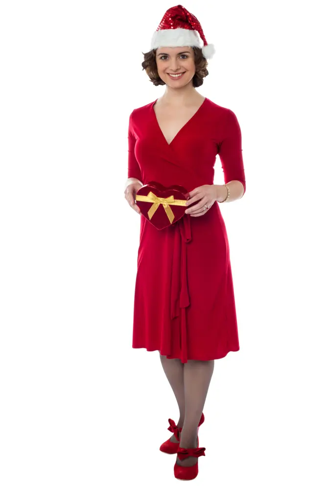 Woman in Red Dress with Gift