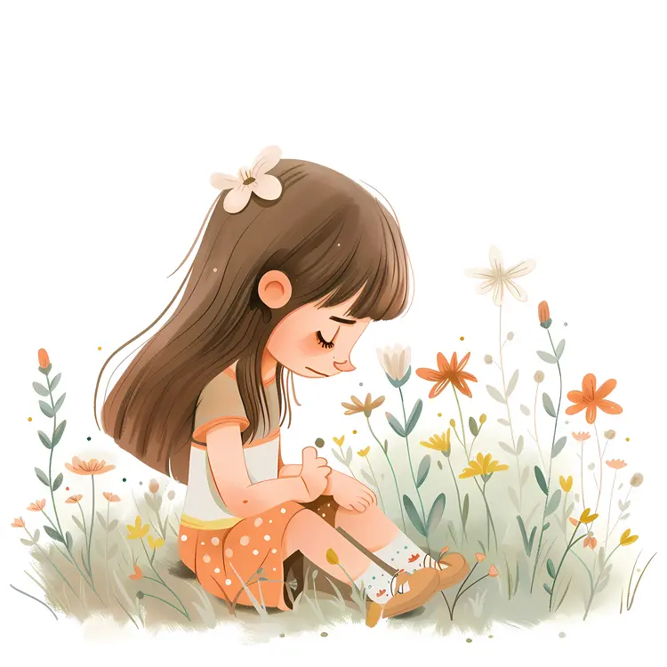 Girl Sitting Among Flowers