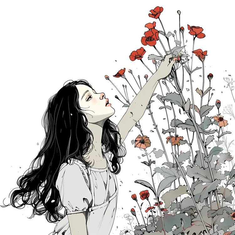 Illustration of Girl Reaching for Flowers
