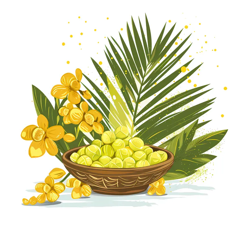 Bowl of Yellow Fruits with Flowers and Leaves