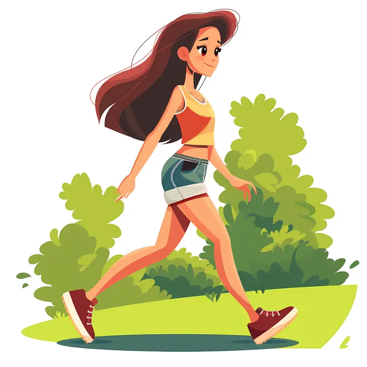 Woman Walking in Yellow Top and Denim Shorts