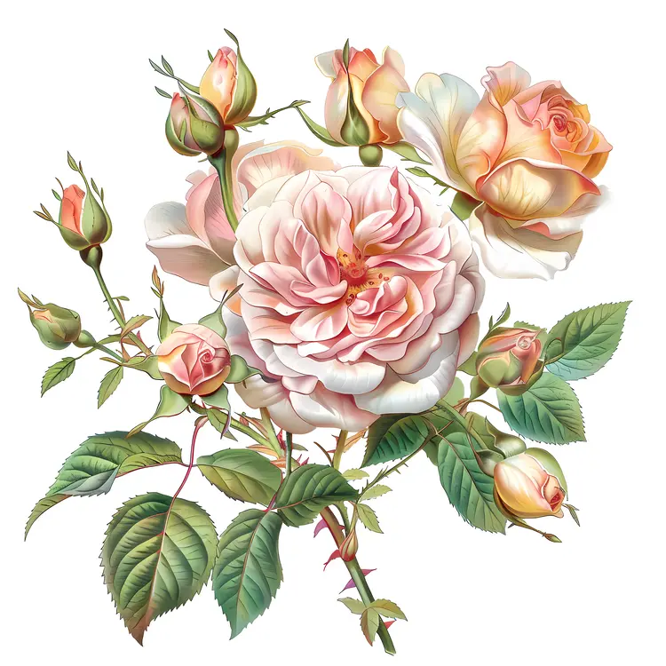 Pink Roses with Buds and Leaves