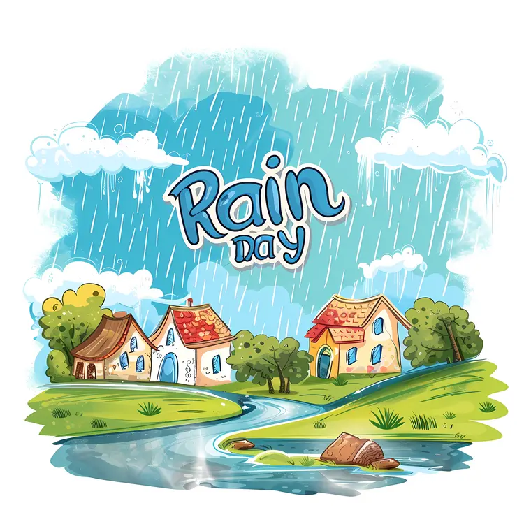 Rainy Day Illustration with Houses and Stream
