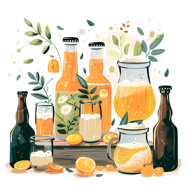 Illustration of Various Beverages in Bottles and Glasses