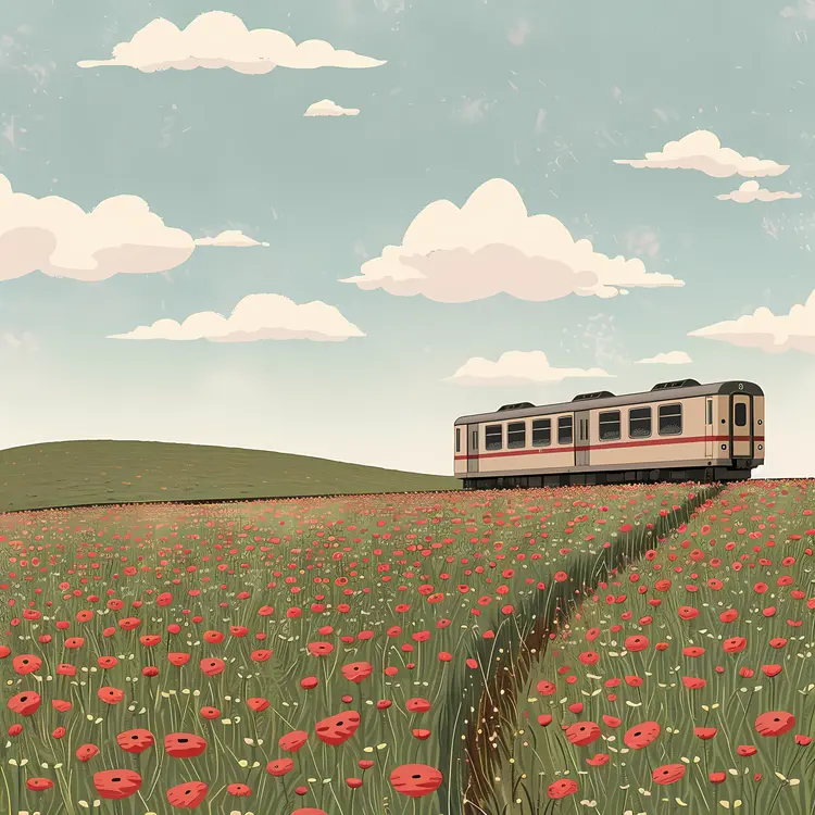 Train Traveling Through Field of Flowers