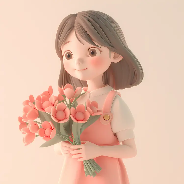 3D Girl Holding a Bouquet of Pink Flowers