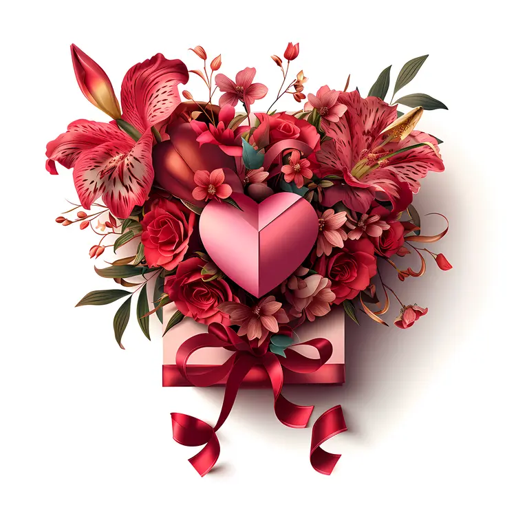 Gift Box with Pink Heart and Flowers for Valentine's Day
