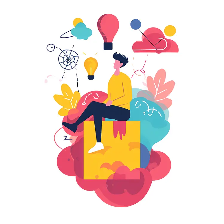 Person Sitting on Box with Light Bulb Ideas