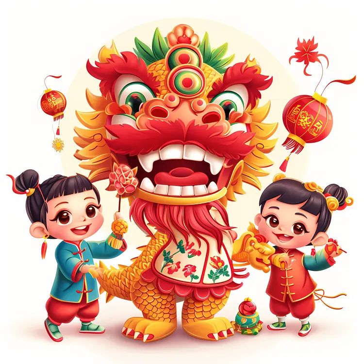 Children Celebrating with Lion Dance