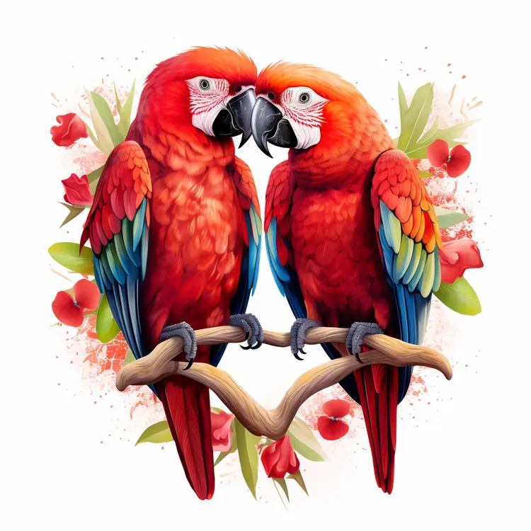 Parrots on a Branch with Flowers