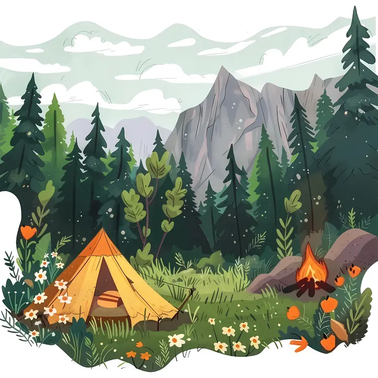 Scenic Camping Scene with Mountains and Campfire
